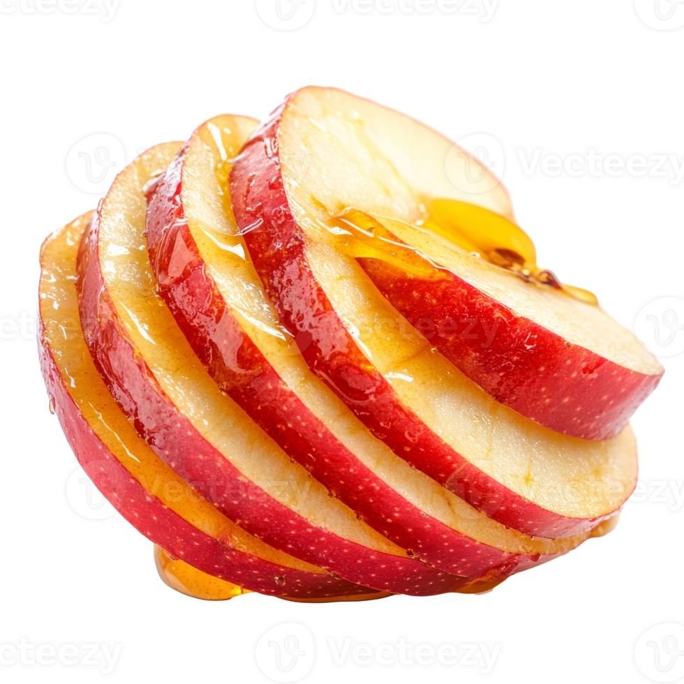 Honey-drizzled sliced apples on white, cut out transparent png