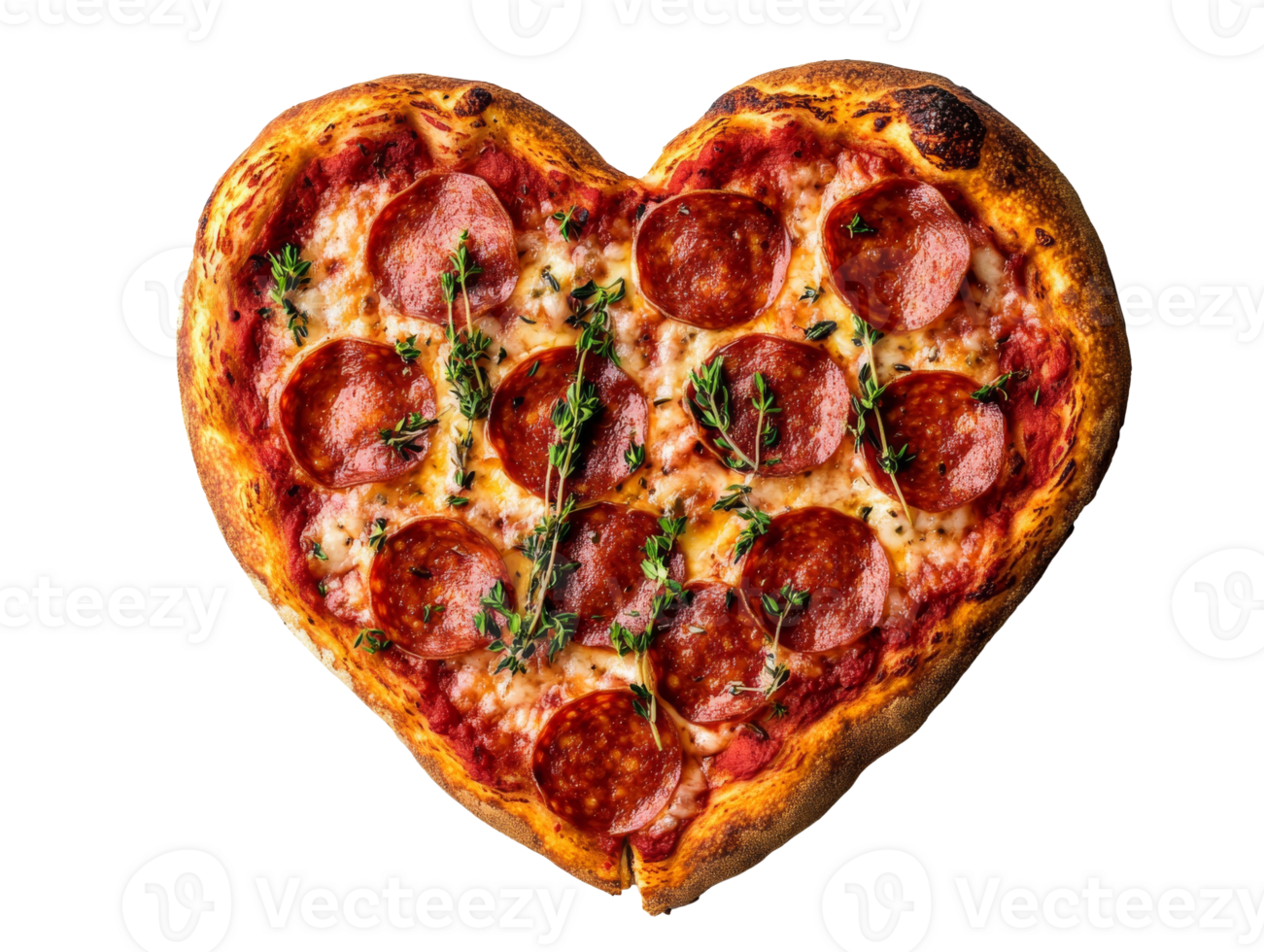 Heart-shaped pepperoni pizza with fresh herbs, cut out transparent png