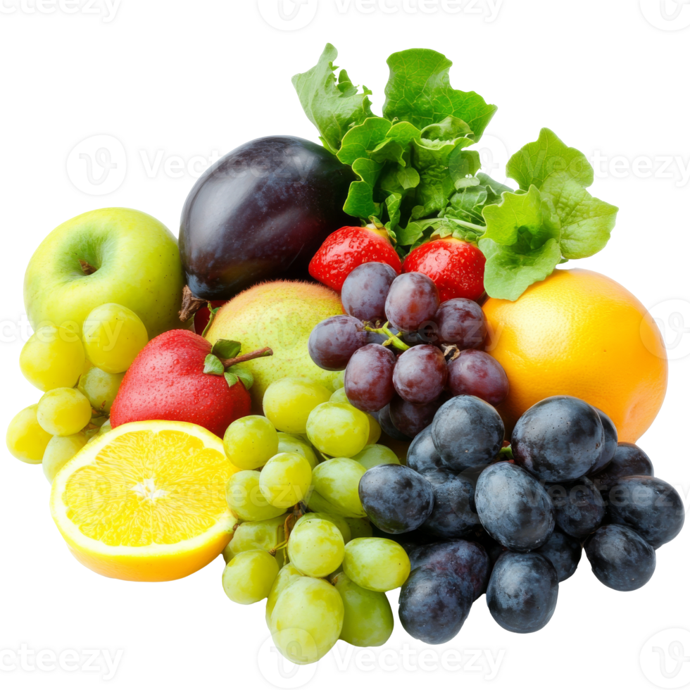 Vibrant mix of fresh fruits and greens, cut out transparent png