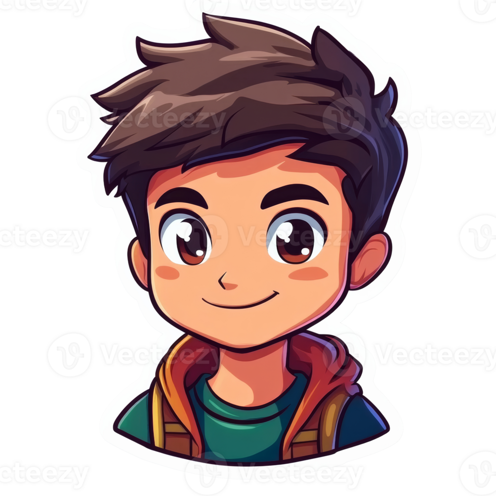 Friendly animated boy with backpack and brown hair, cut out transparent png