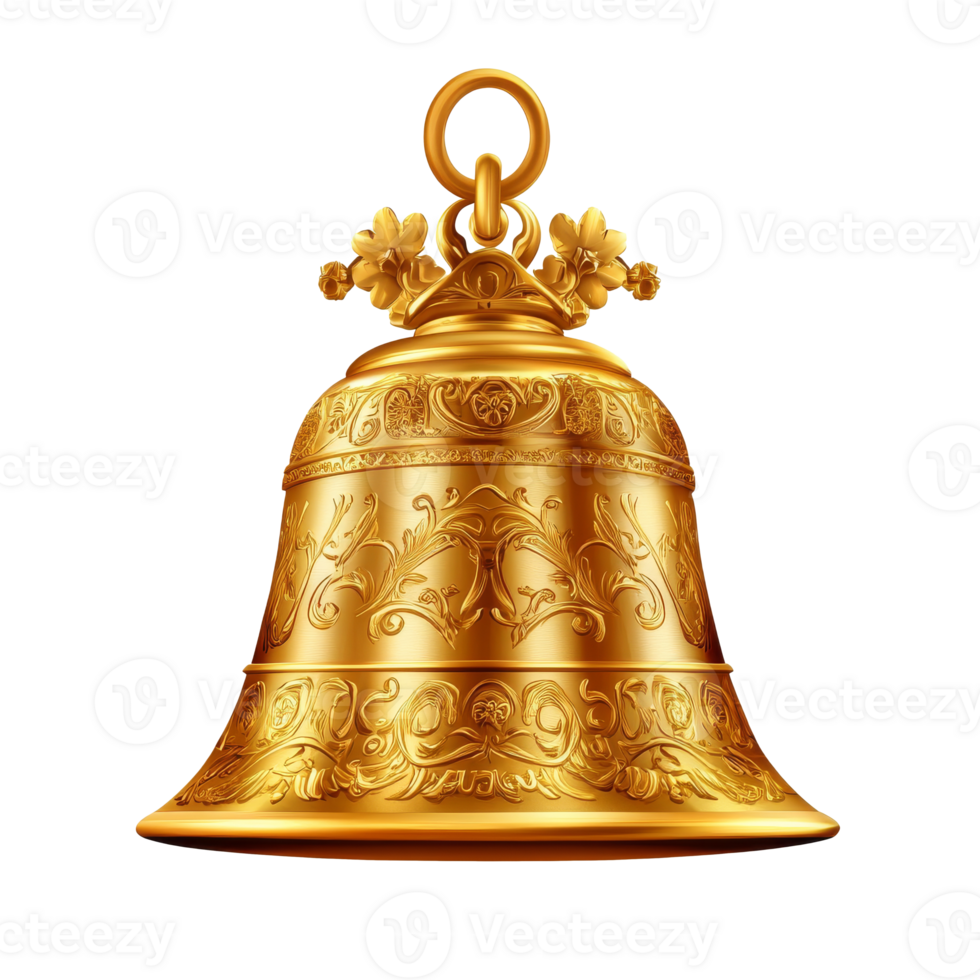 Elaborately designed golden bell hanging elegantly, cut out transparent png