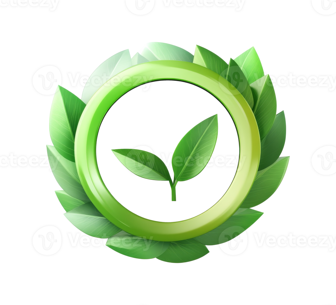 Green leaf emblem with circular frame of leaves, cut out transparent png