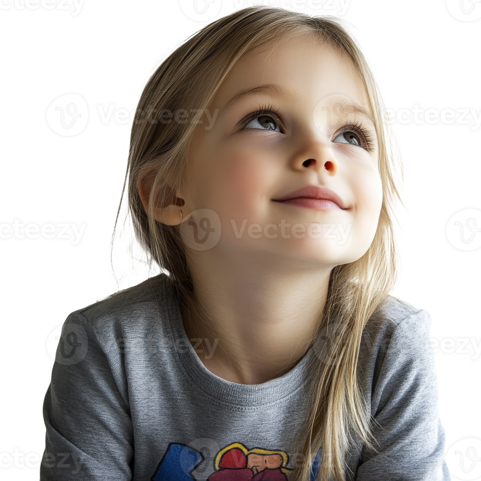 Little girl with a joyful expression looking up, cut out transparent png