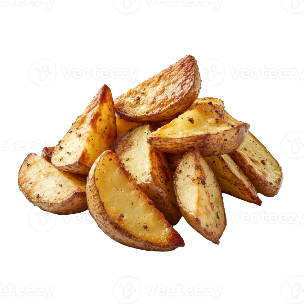Crispy roasted potato wedges served on a plate, cut out transparent png