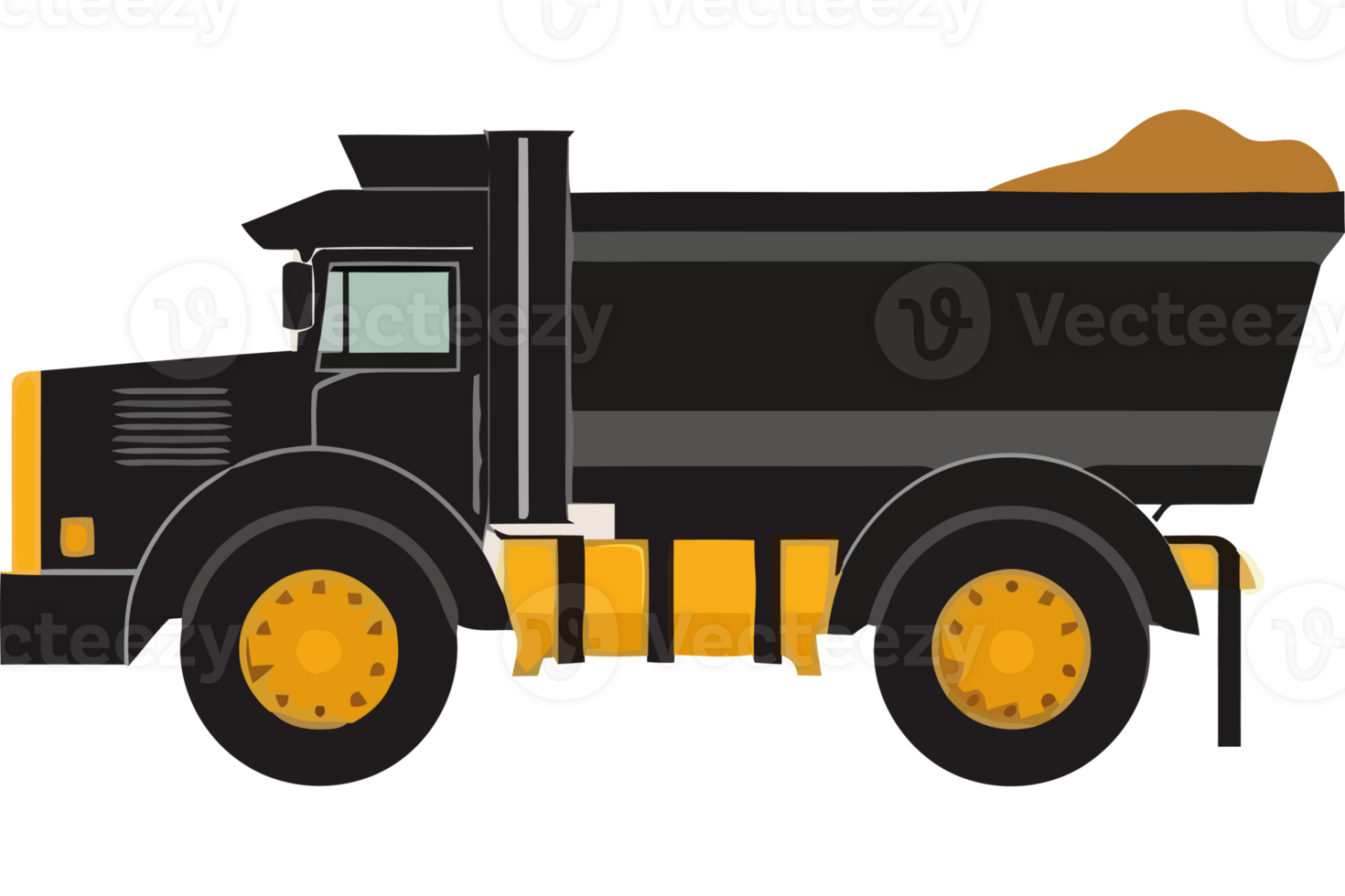 A black and yellow dump truck on a black background png