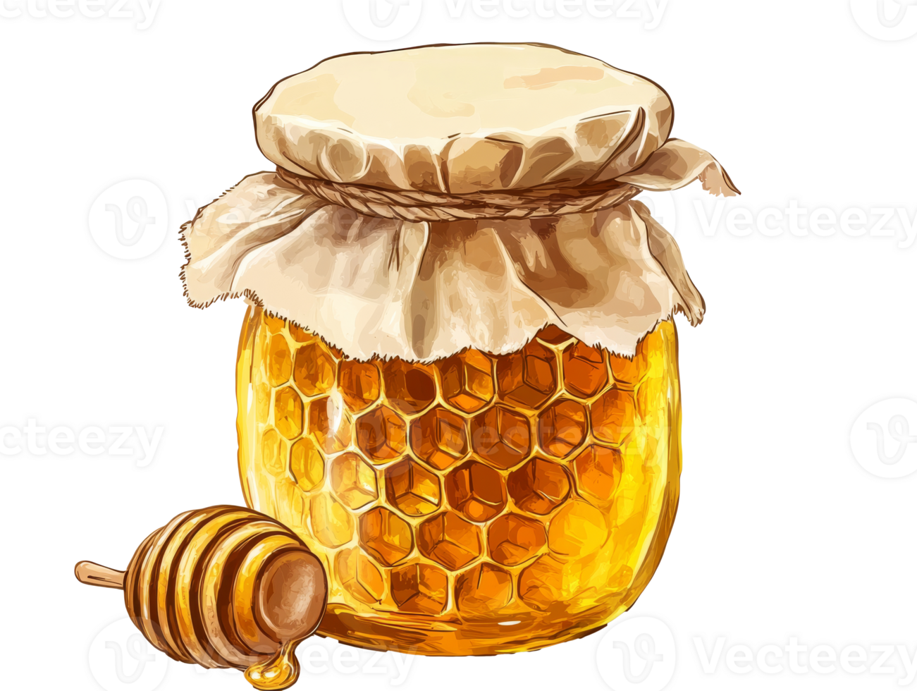 Fresh honey in a glass jar with honeycomb detail, cut out transparent png