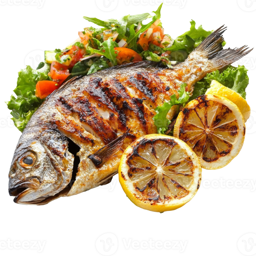 Grilled fish with salad and lemon, cut out transparent png