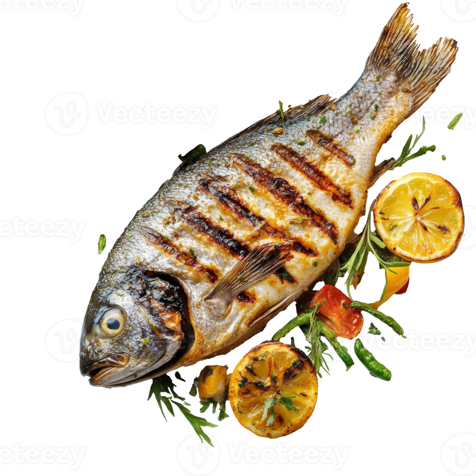 Lemon-herb grilled fish on white, cut out transparent png