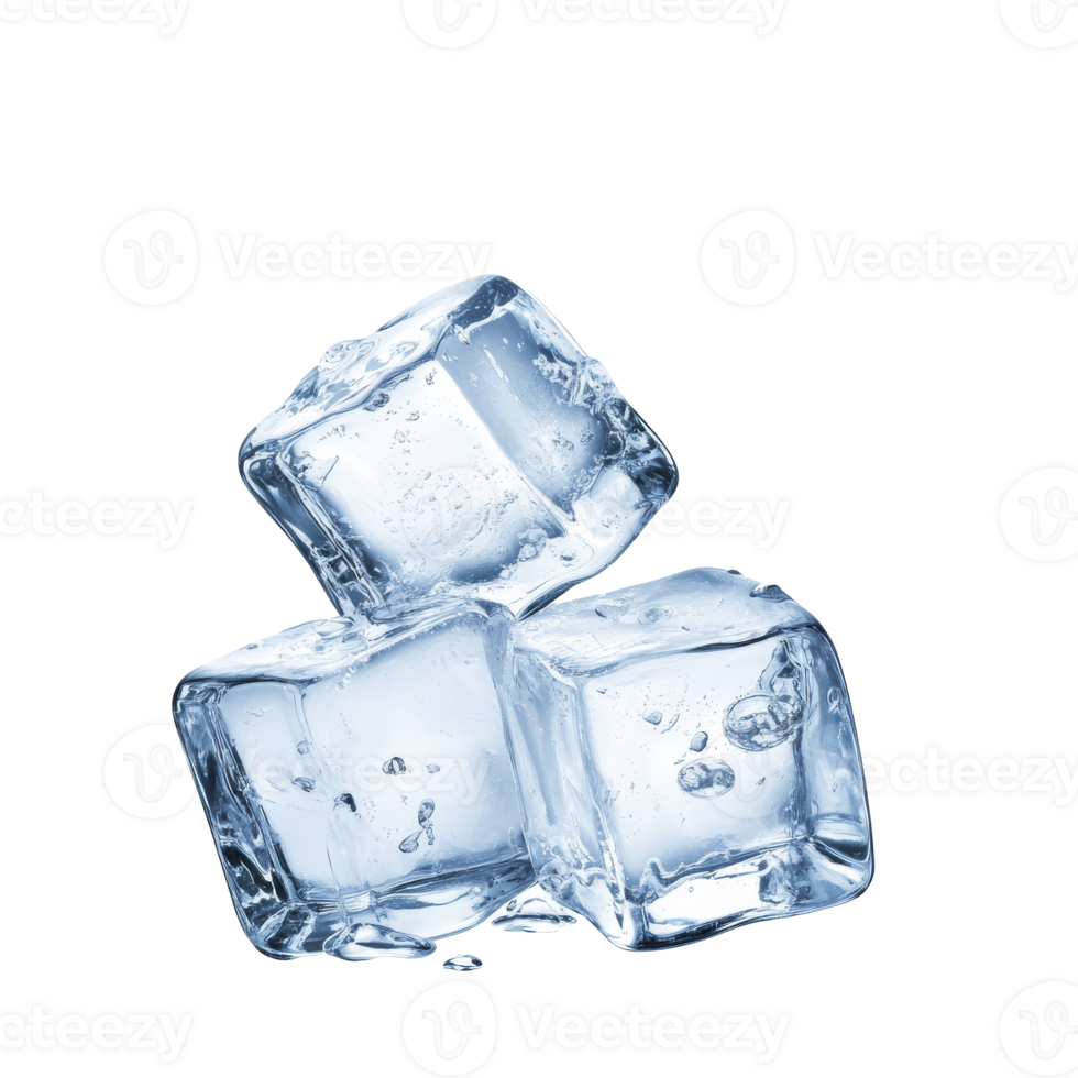Clear ice cubes stacked on a white background, cut out transparent png