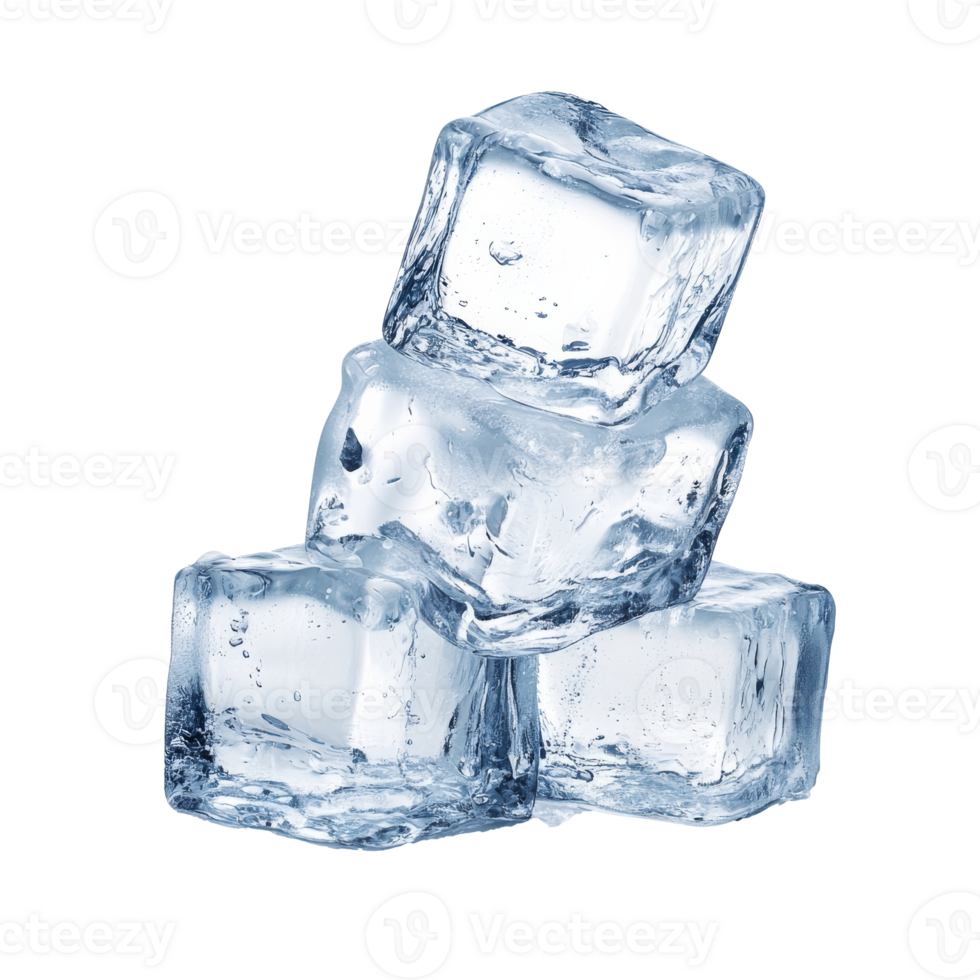 Clear ice cubes stacked on a white background, cut out transparent png