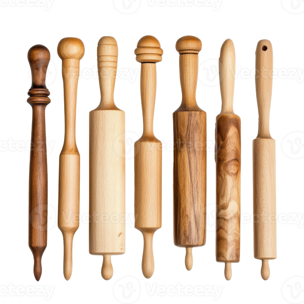Wooden rolling pins in diverse designs, cut out transparent png