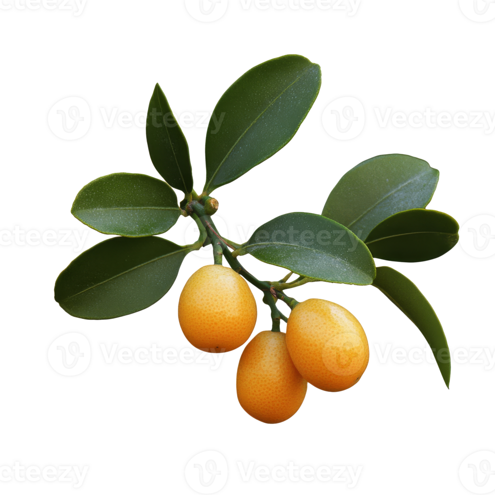 Fresh kumquat branch with ripe fruit and leaves, cut out transparent png