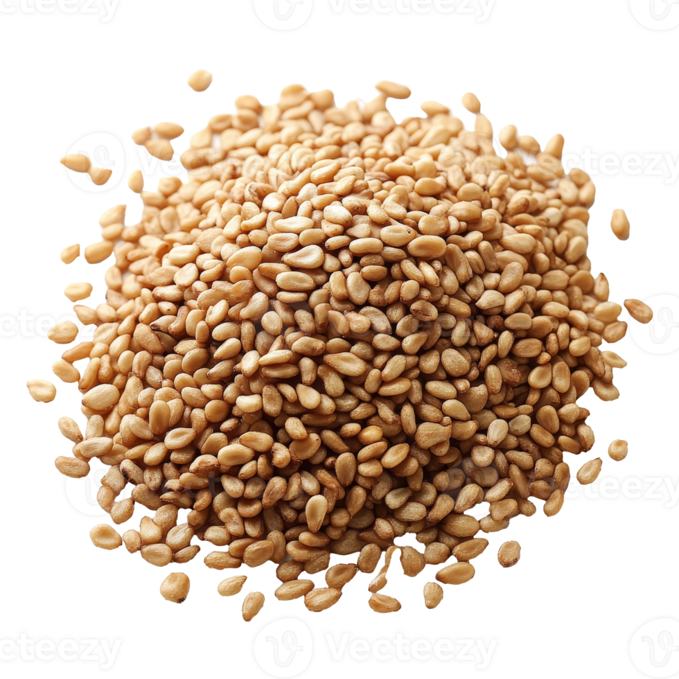 Pile of toasted sesame seeds on a white background, cut out transparent png