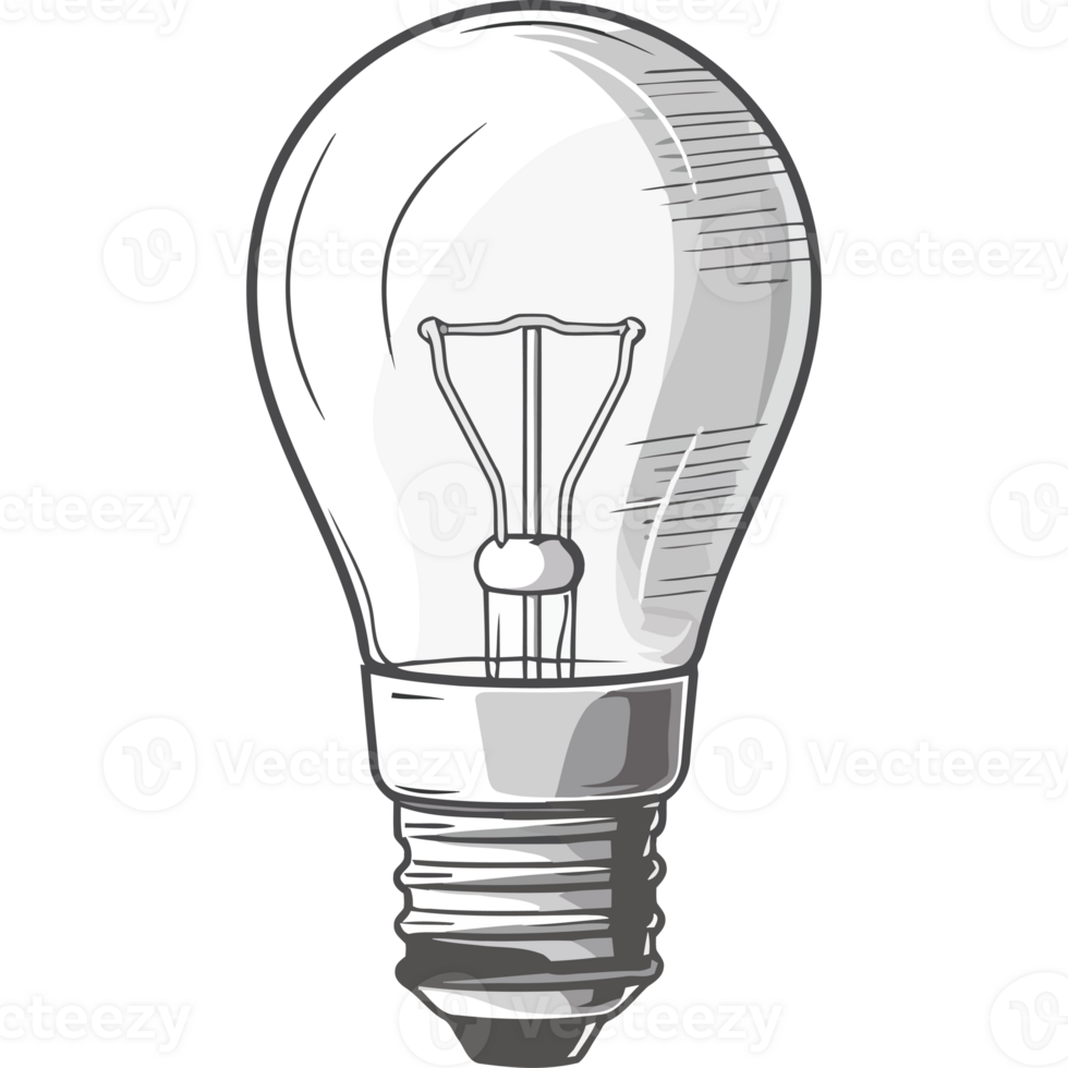 A light bulb is shown in a black and white drawing png