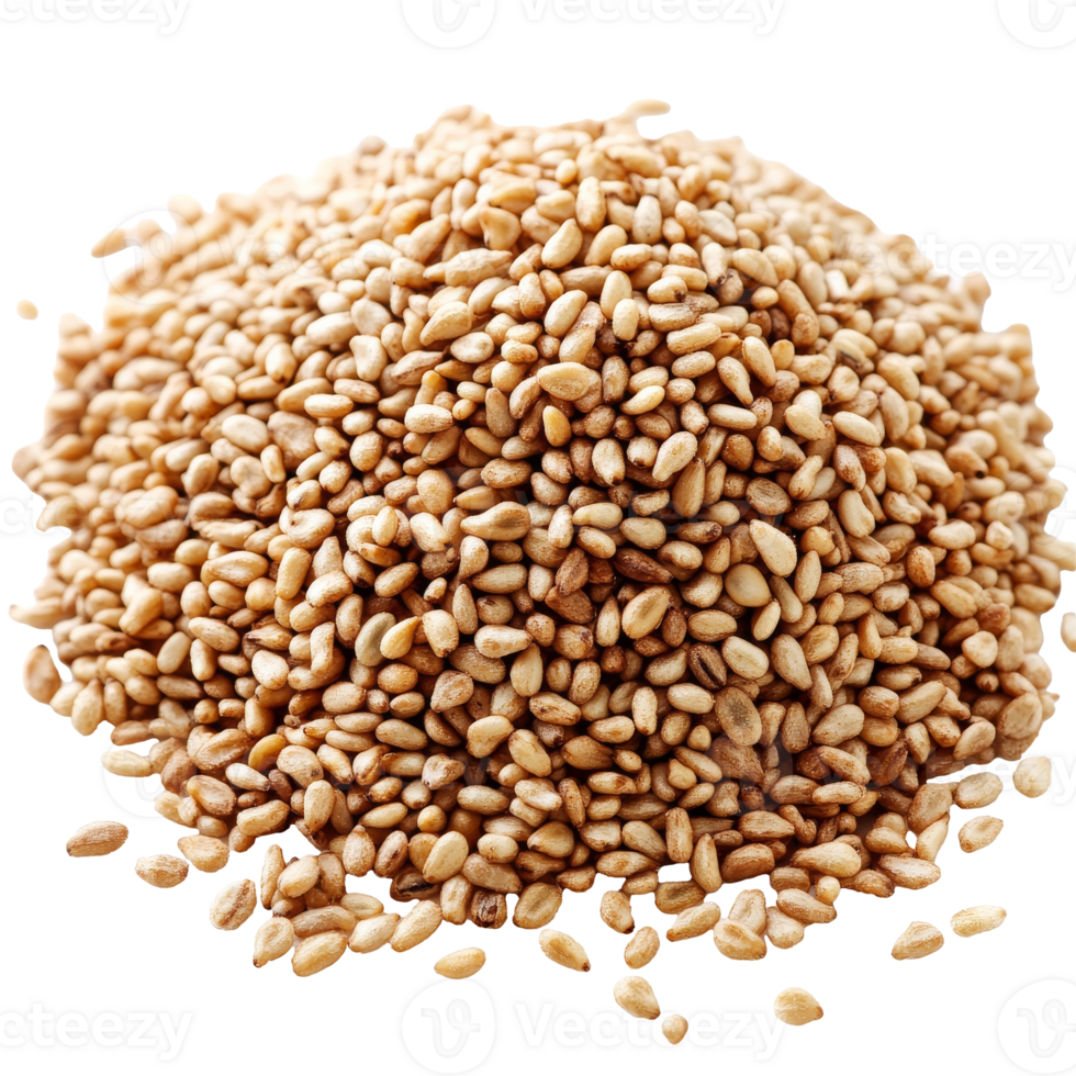Pile of toasted sesame seeds on a white background, cut out transparent png