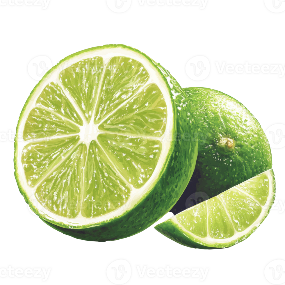 Freshly cut lime showcasing juicy green slices, cut out transparent png