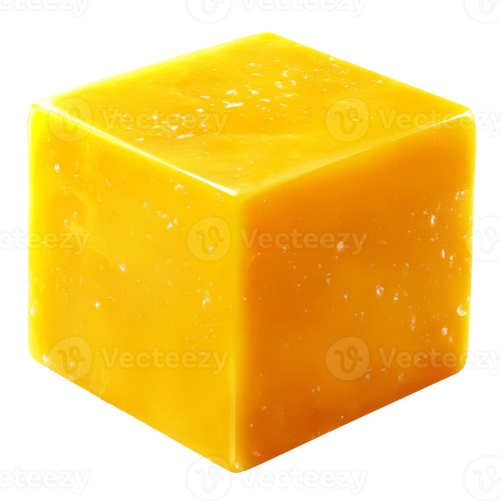 Bright yellow cube of cheese on a plain backdrop, cut out transparent png