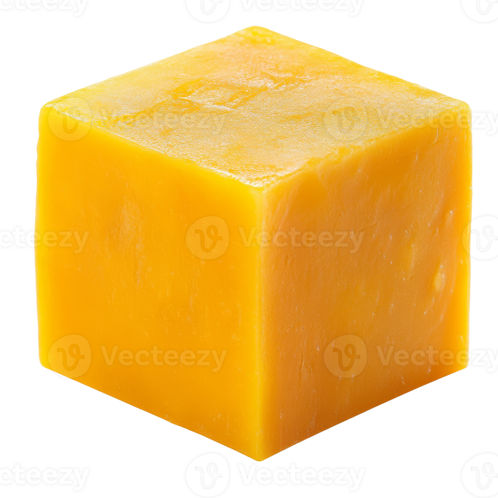 Bright yellow cheese block on a white background, cut out transparent png