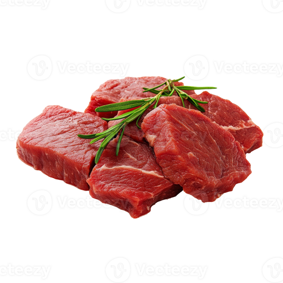 Fresh beef cuts with rosemary on clean, cut out transparent png