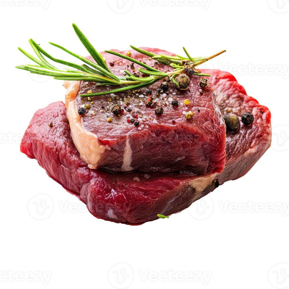 Fresh cuts of beef adorned with herbs and spices, cut out transparent png