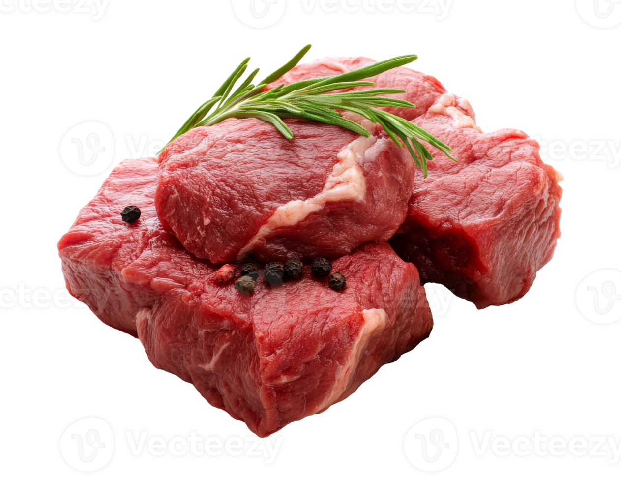 Fresh beef cubes with herbs ready for cooking, cut out transparent png