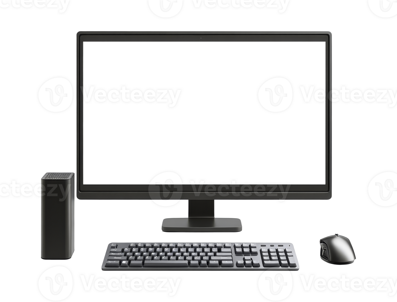 Desktop setup monitor, keyboard, mouse, cut out transparent png