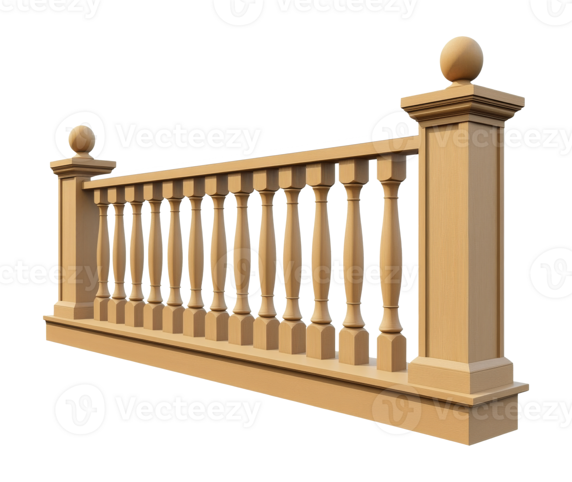 Ornate wooden railing design for outdoor spaces, cut out transparent png