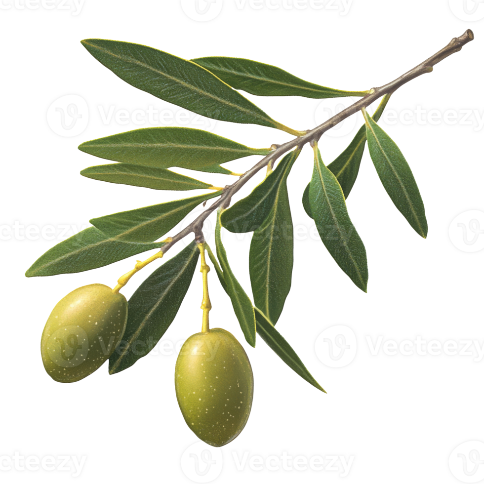 Sunlit green olives on leafy branch, cut out transparent png