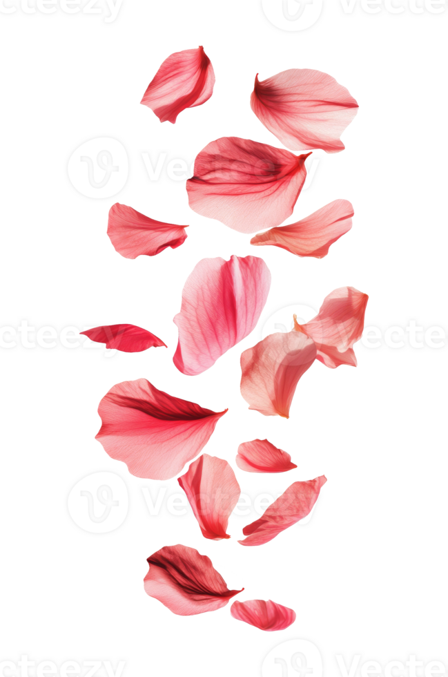 Floating pink rose petals on a white background, cut out transparent png