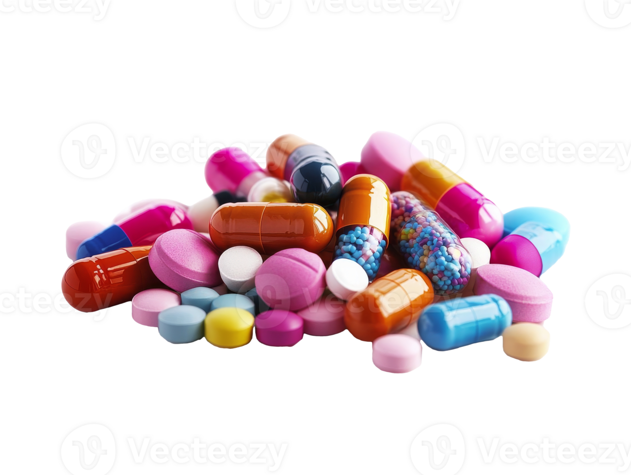 Assorted colorful capsules and tablets in a pile, cut out transparent png