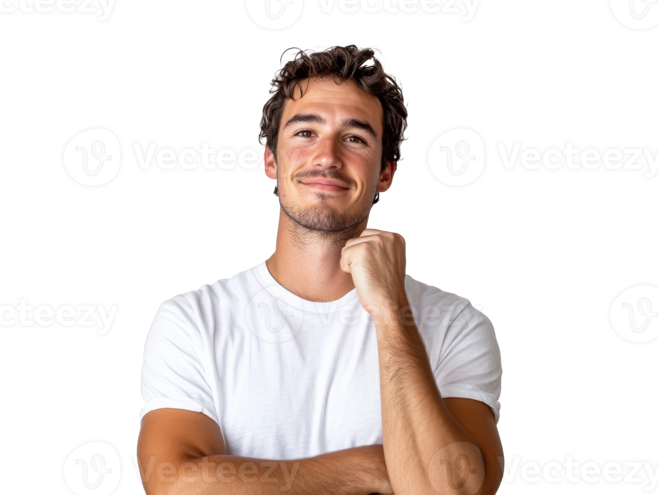 Young man smiling thoughtfully with hand on chin, cut out transparent png