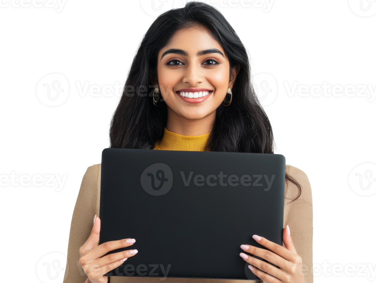 Young woman smiles while holding a laptop indoors, cut out transparent png