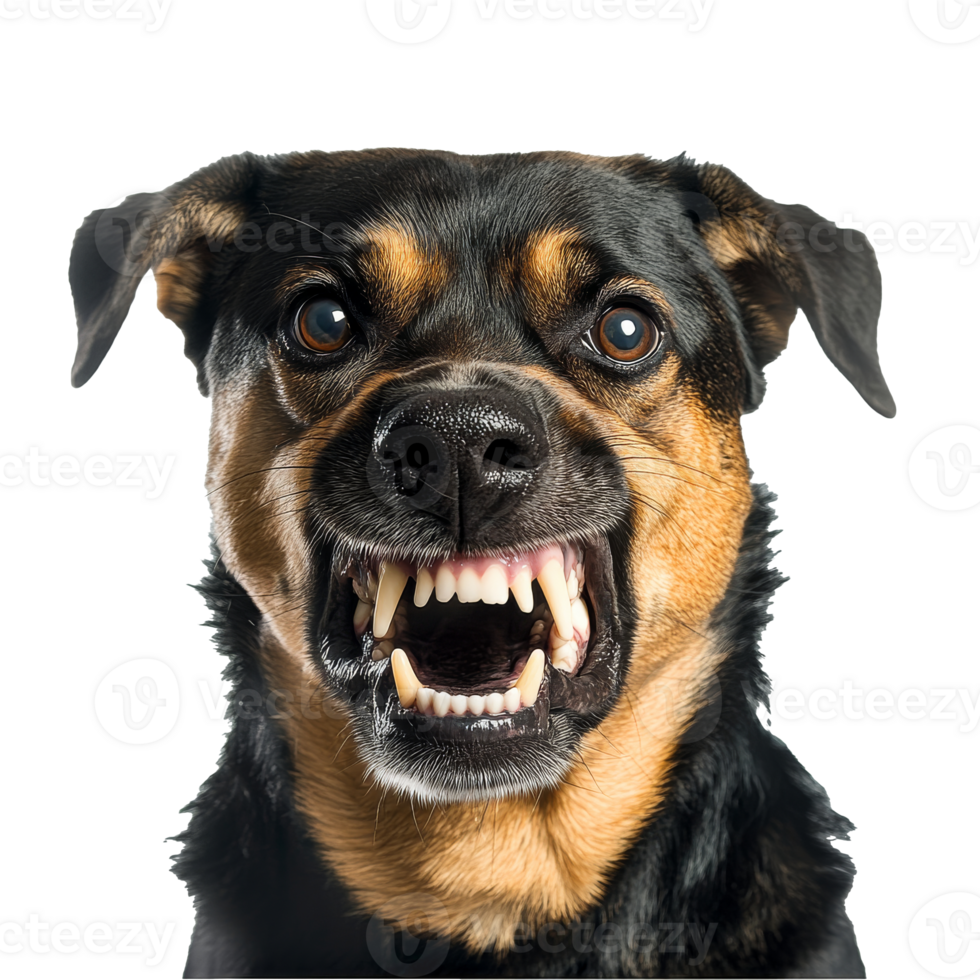 Dog showing teeth on white background, cut out transparent png
