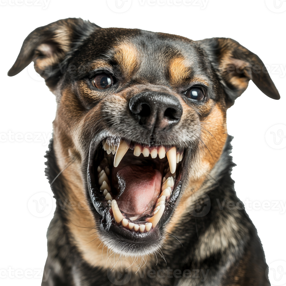 Aggressive dog displaying sharp teeth indoors, cut out transparent png