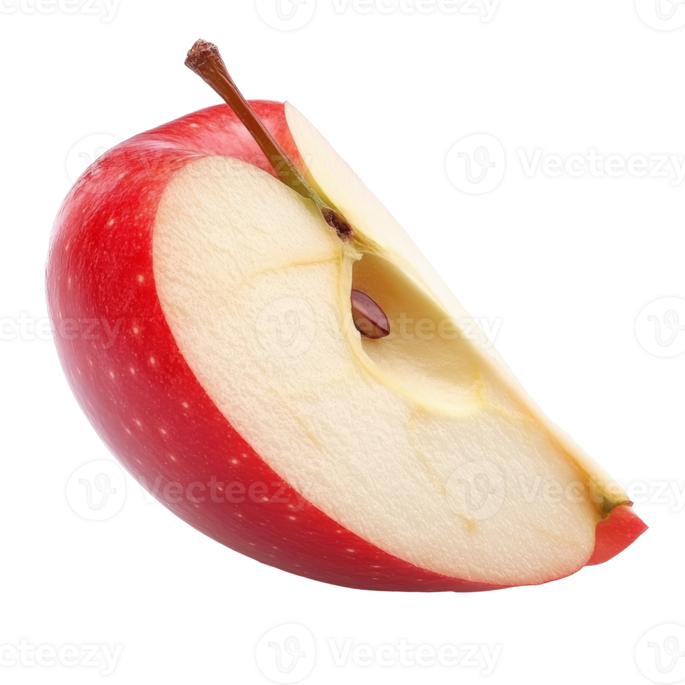 Fresh red apple slice showing crisp white interior, cut out transparent png