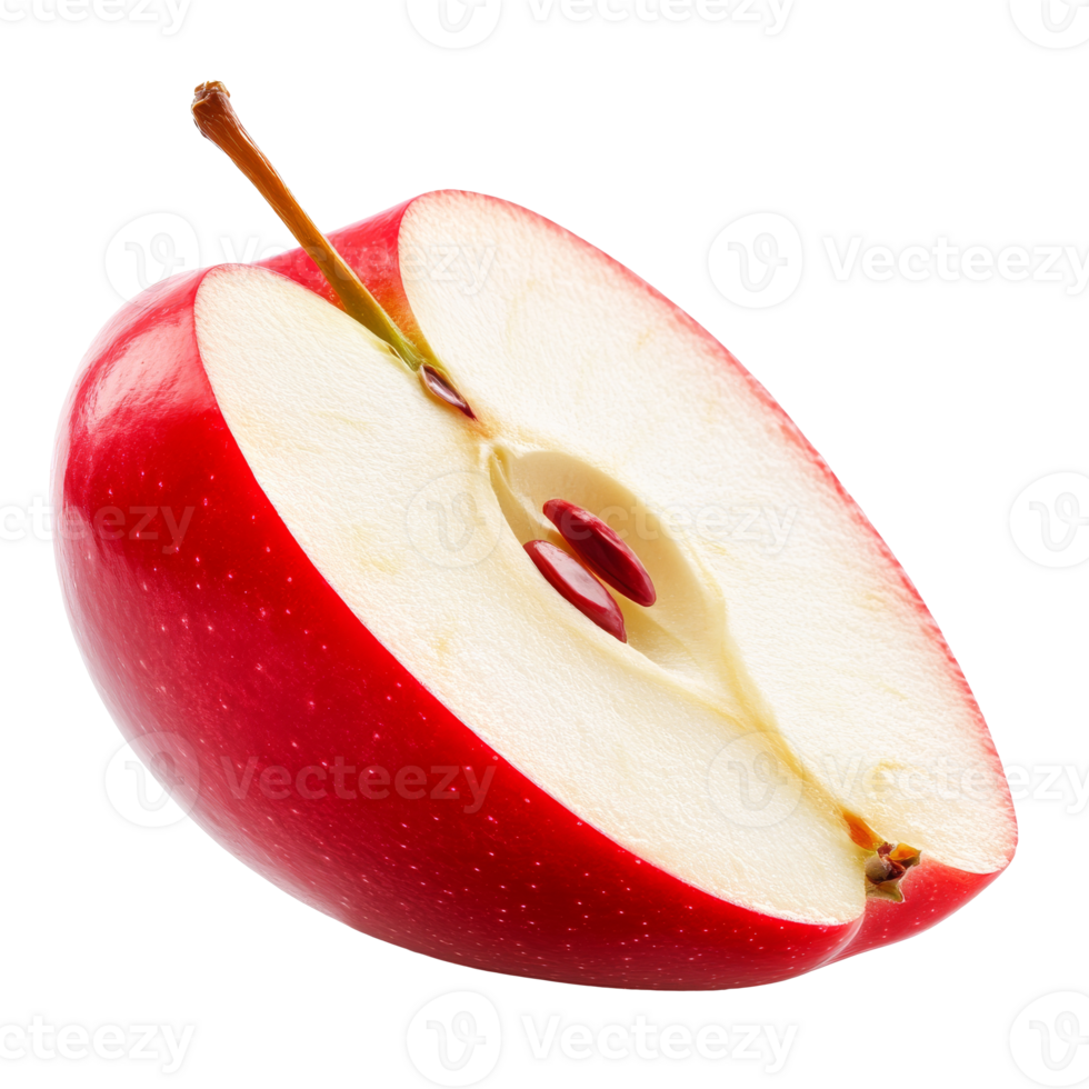 Freshly sliced red apple revealing juicy interior, cut out transparent png