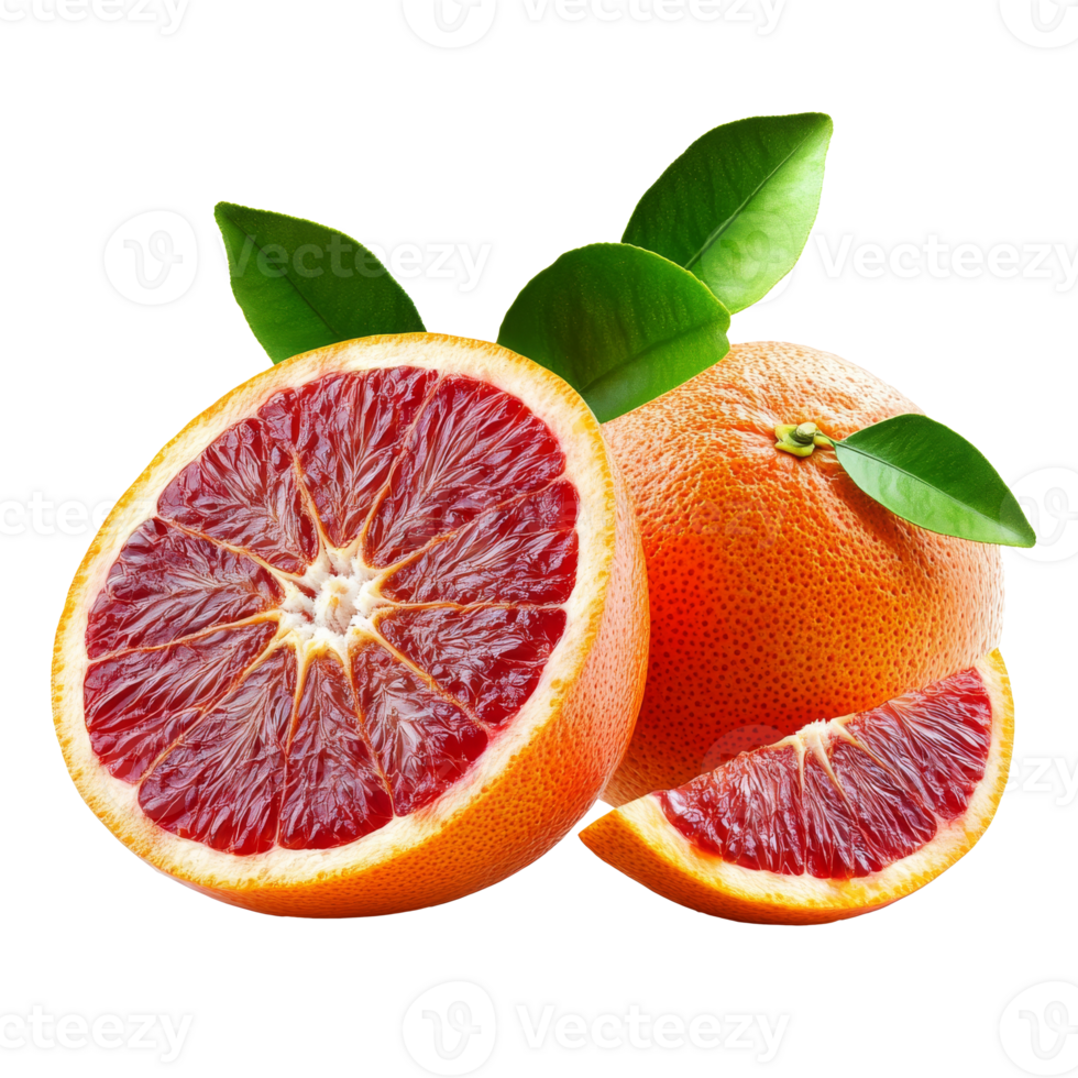 Blood oranges with green leaves displayed, cut out transparent png