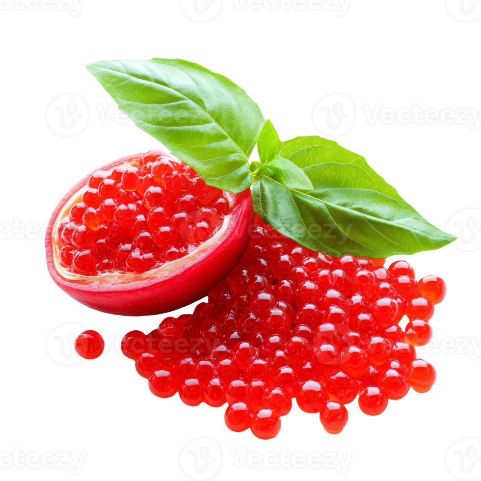 Red caviar and basil on white, cut out transparent png