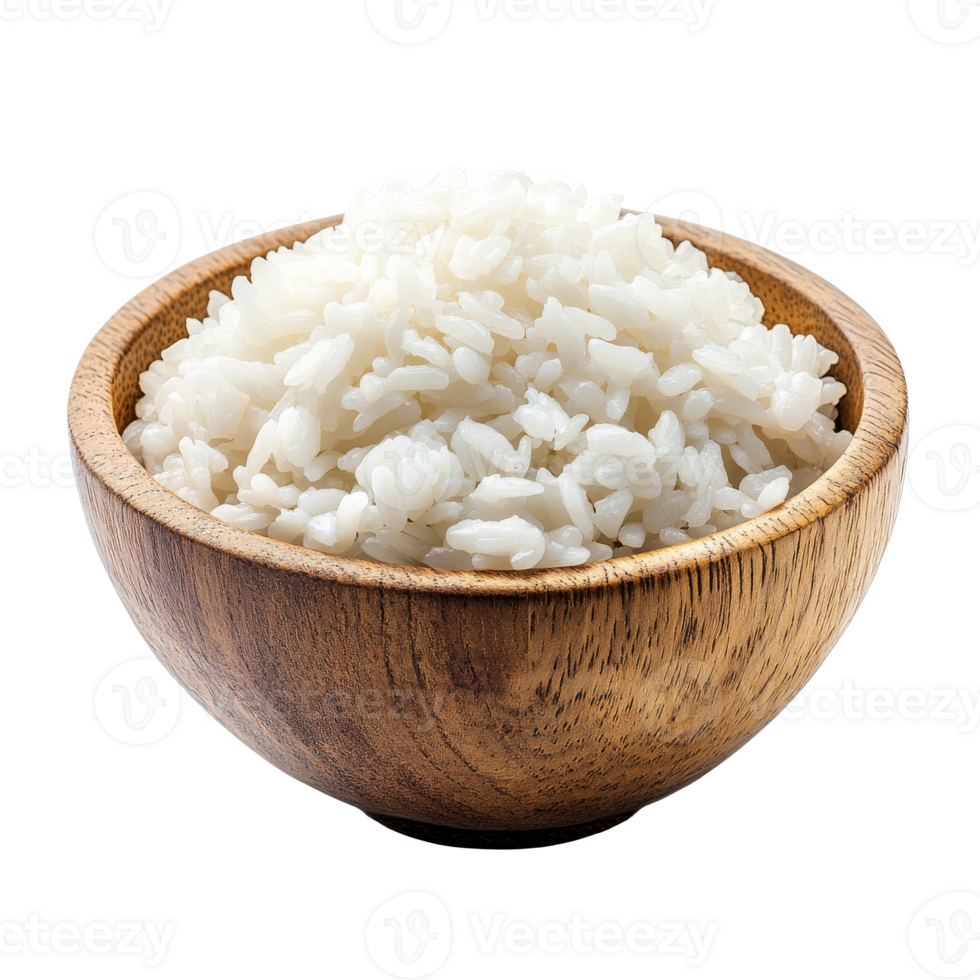 Steaming bowl of white rice on rustic wooden table, cut out transparent png