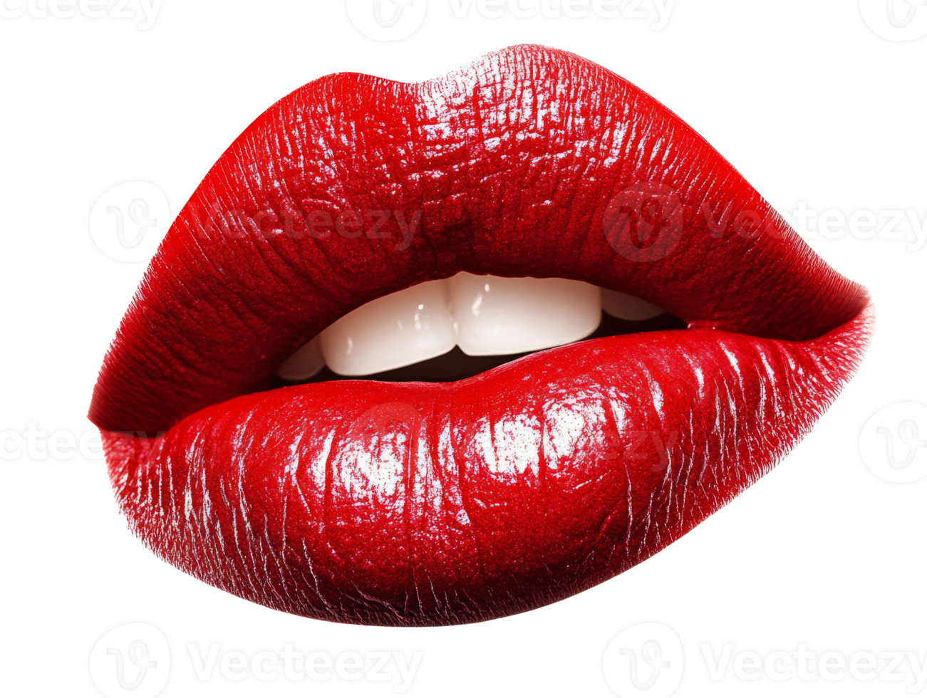 Glossy red lips showcasing perfect white teeth, cut out transparent png