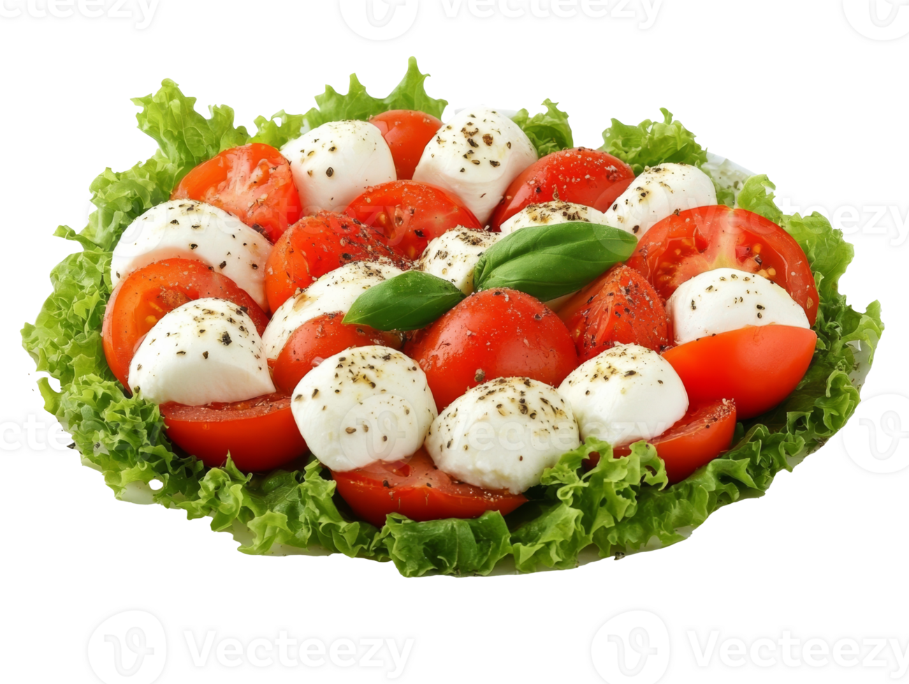Fresh salad with tomatoes and mozzarella cheese, cut out transparent png