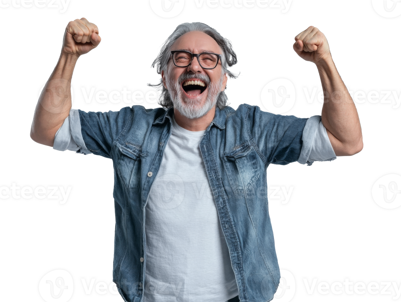Excited man celebrating joyfully in casual attire, cut out transparent png