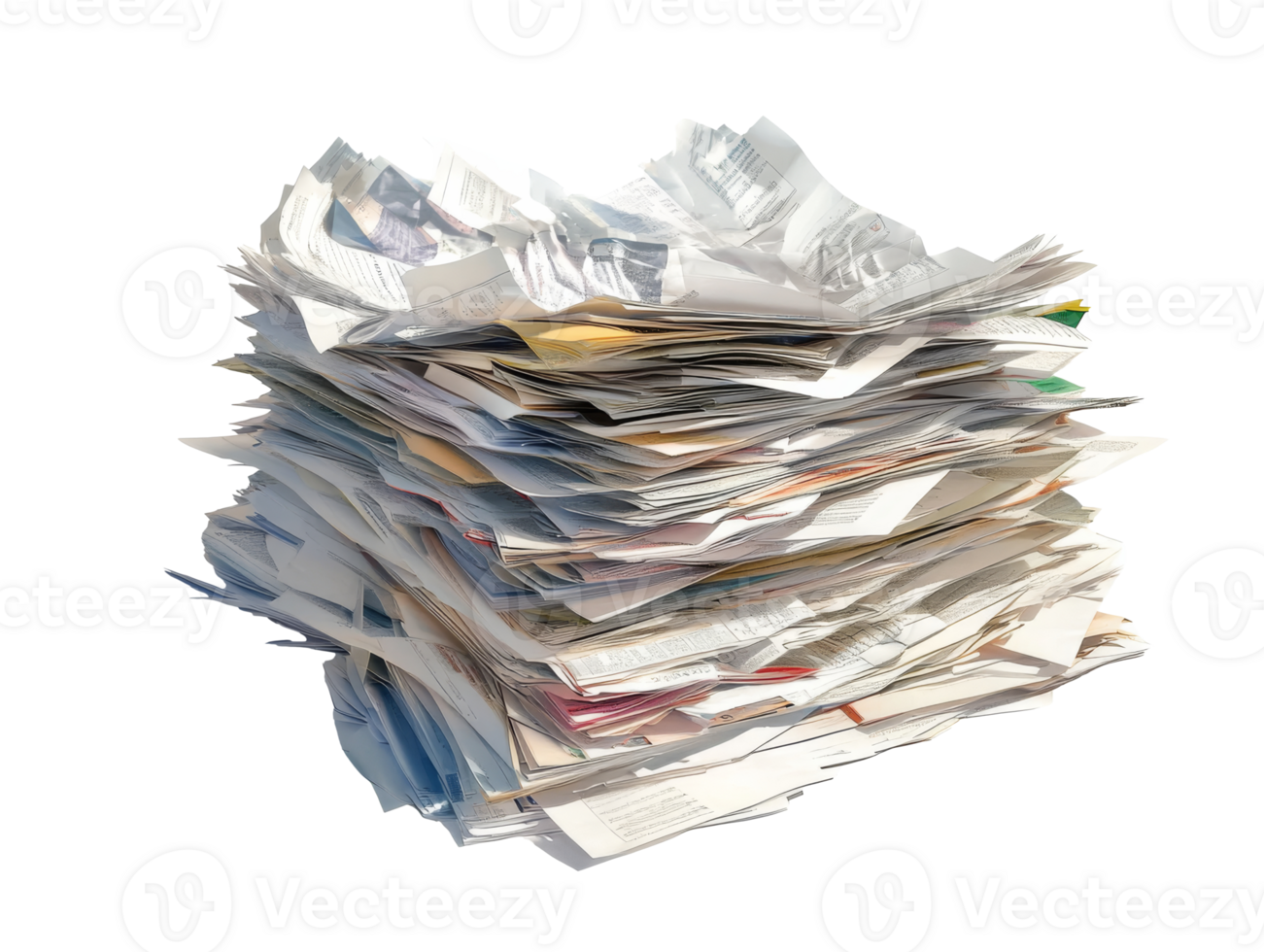 Messy stack of papers on a table, cut out transparent png