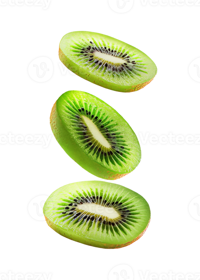 Floating slices of kiwi in the air, cut out transparent png