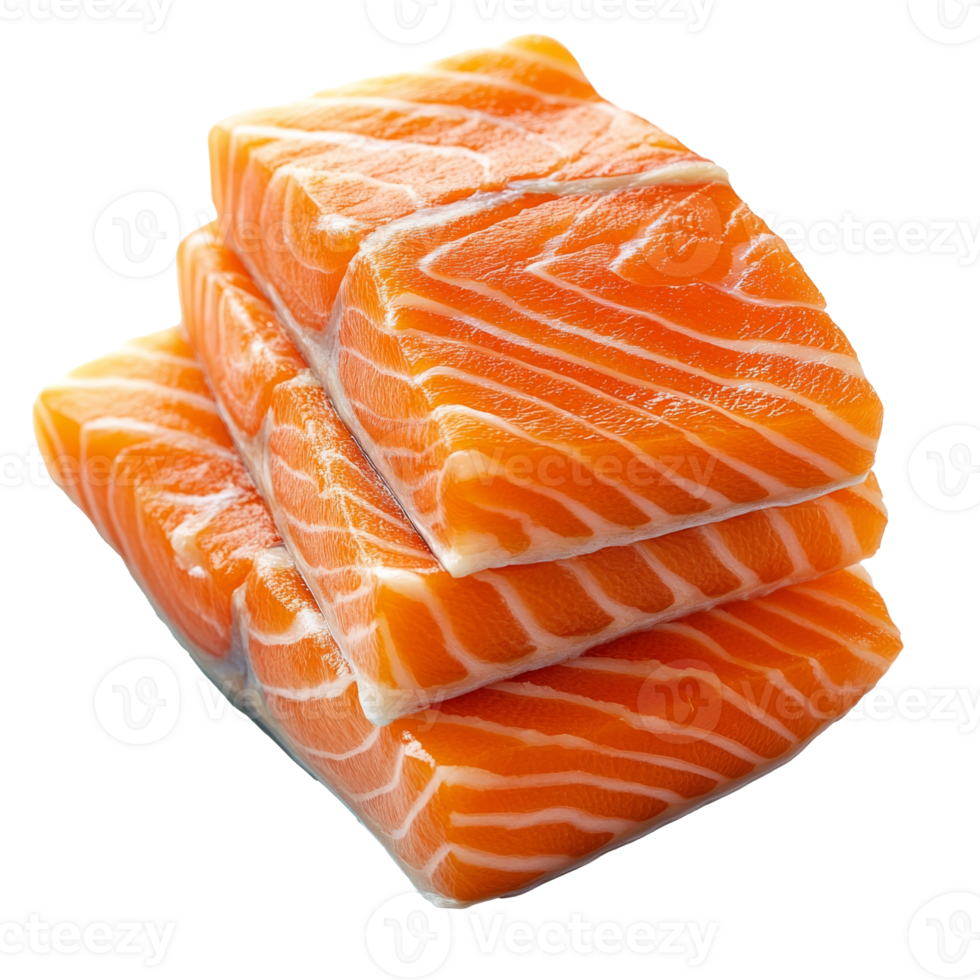 Fresh salmon fillets stacked on a white background, cut out transparent png