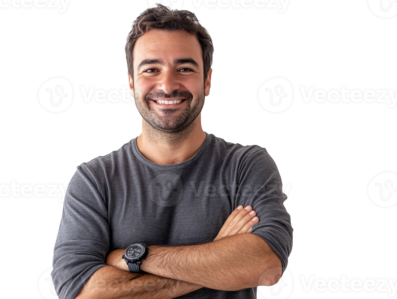 Smiling man in casual attire with crossed arms, cut out transparent png