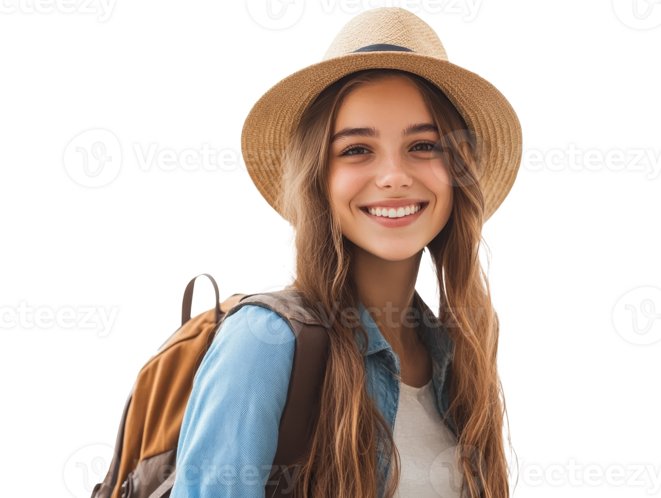 Smiling traveler with backpack on a sunny day, cut out transparent png