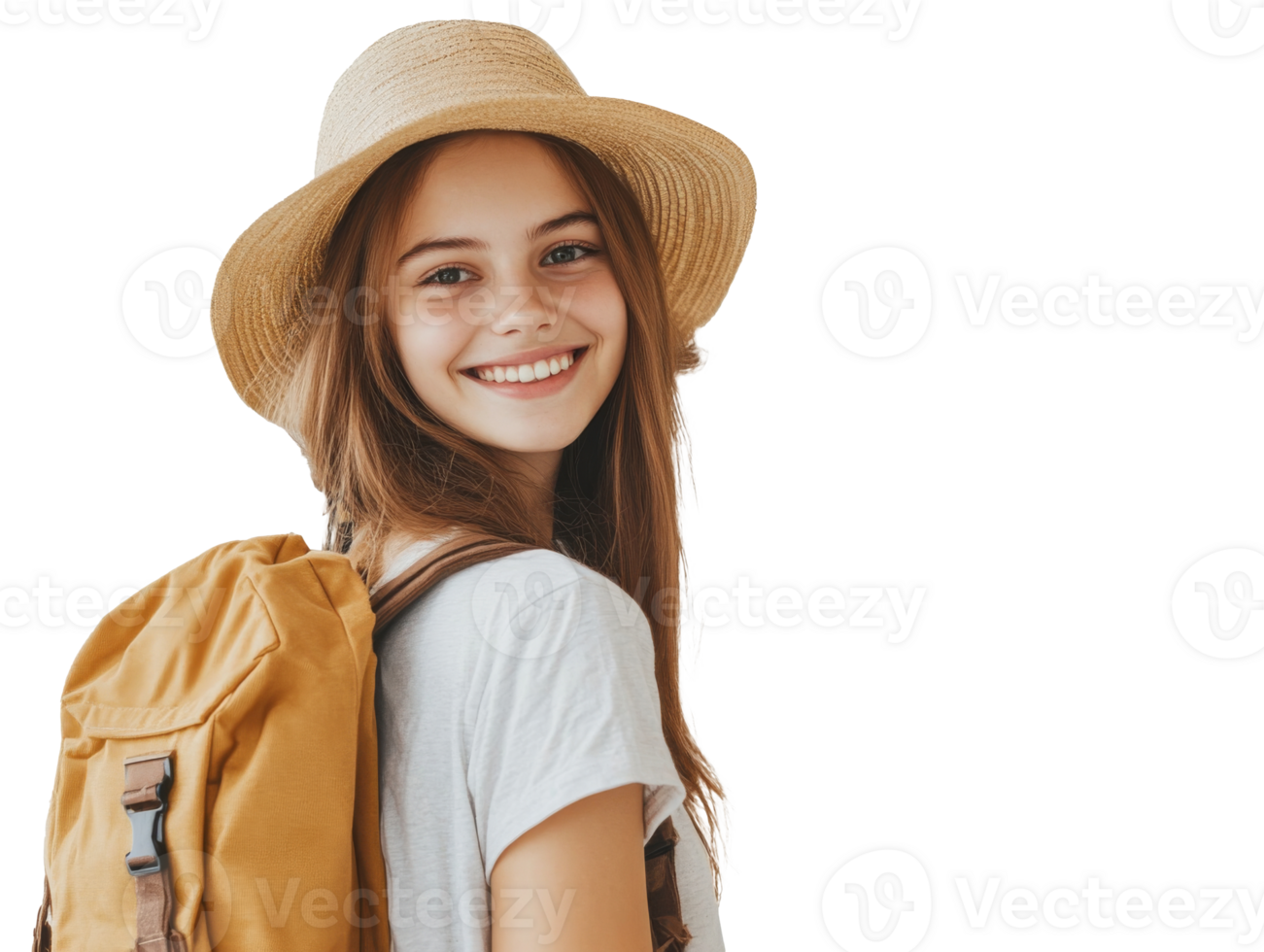 Young traveler smiling with a backpack and hat, cut out transparent png