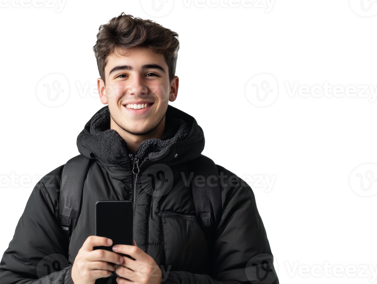 Man in black coat holding smartphone indoors, cut out transparent png