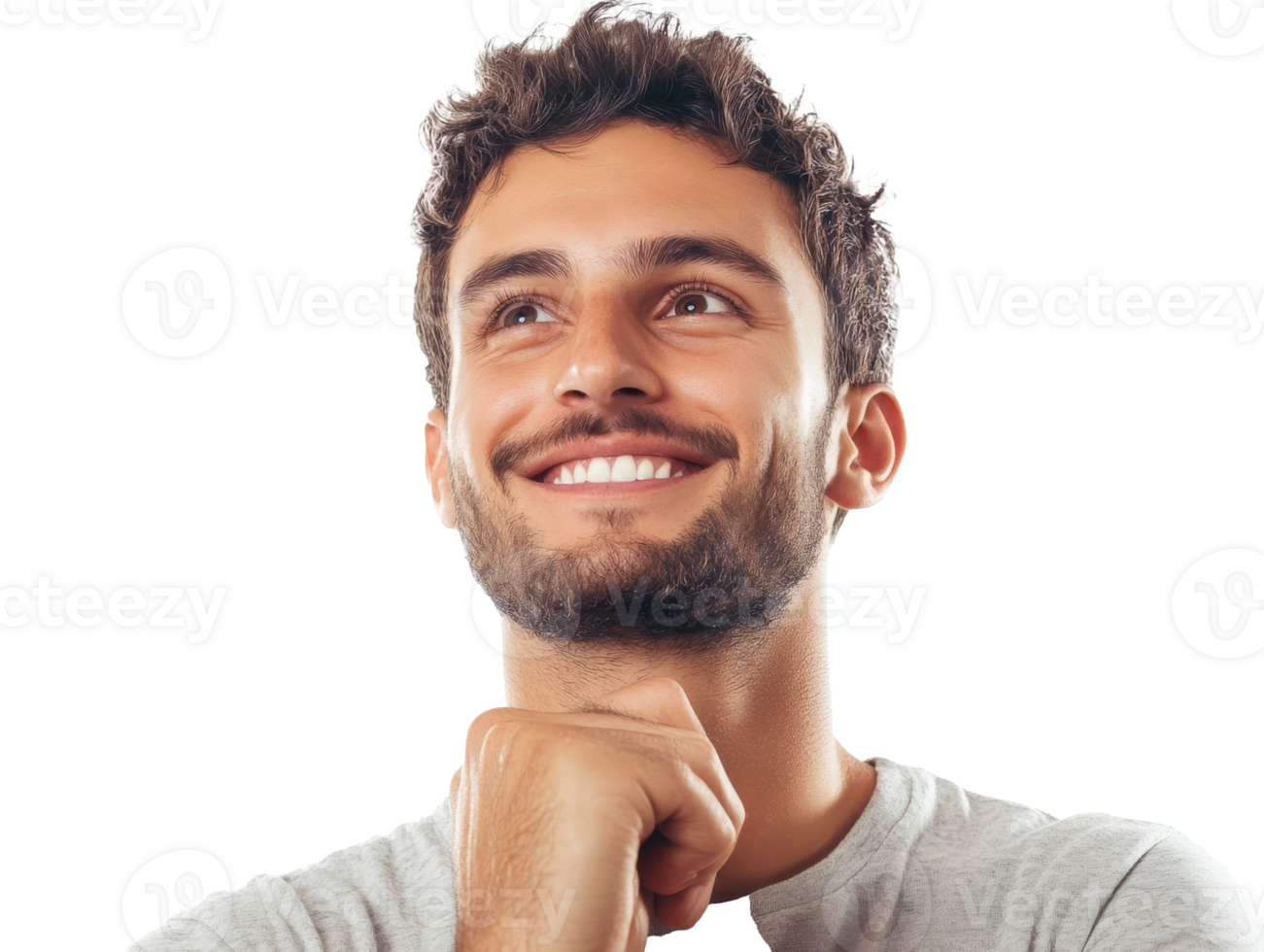 Young man smiling thoughtfully with a hand on chin, cut out transparent png
